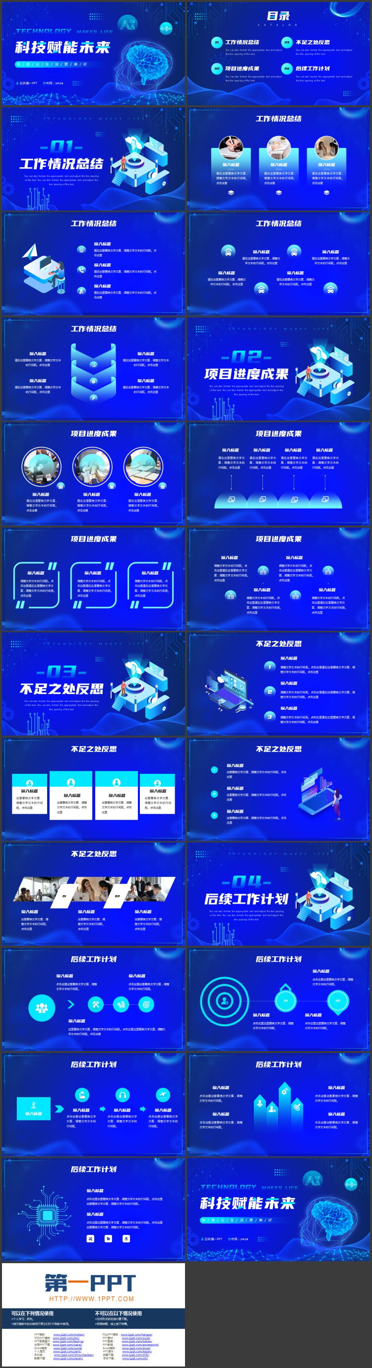 蓝色点线大脑背景的“科技赋能未来”科技公司工作总结汇报PPT模板