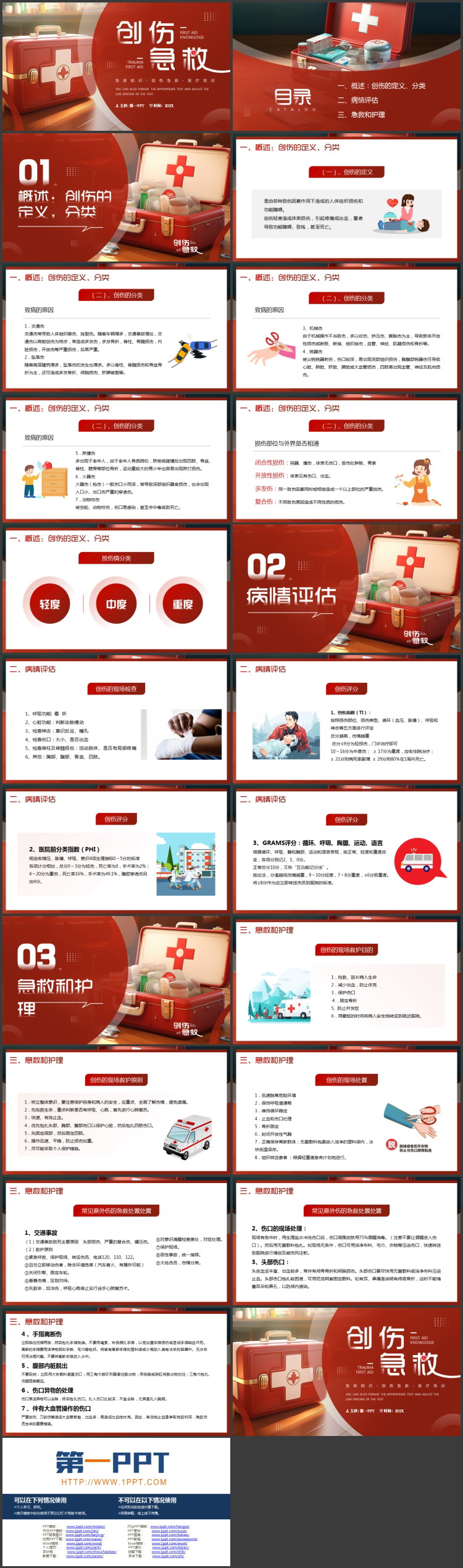 红色急救箱背景的创伤急救医疗培训PPT模板