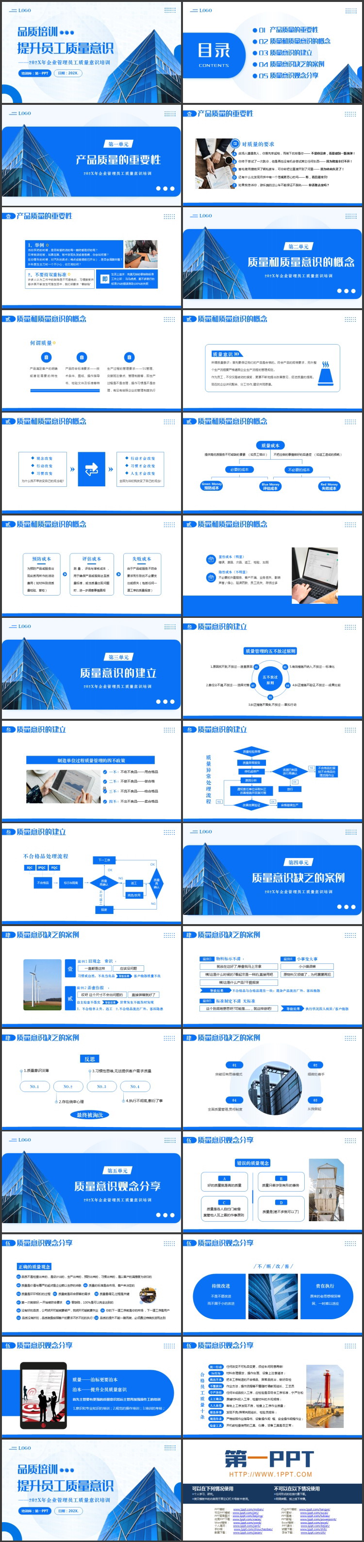 蓝色写字楼背景的提升员工质量意识培训PPT模板下载