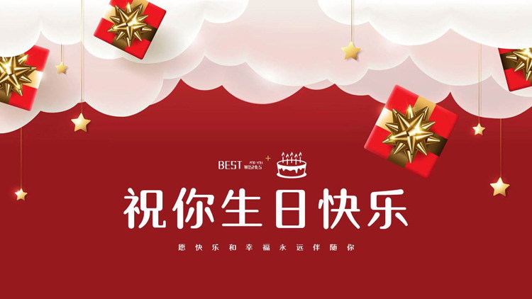 红色礼盒背景的“祝你生日快乐”生日纪念相册PPT模板