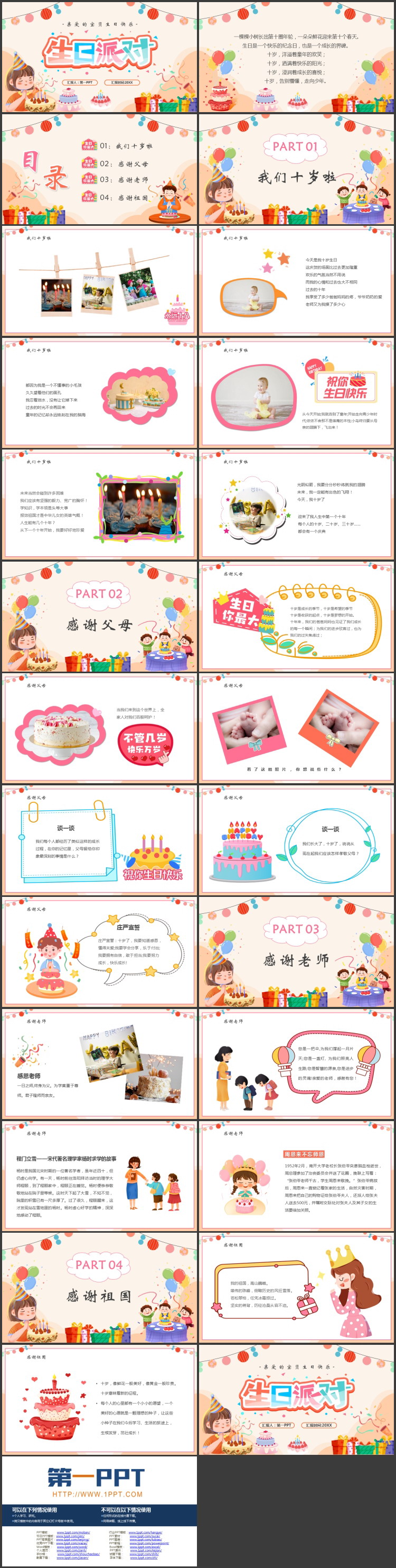 多彩卡通生日蛋糕生日礼盒背景的生日派对PPT模板