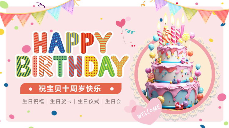 多彩卡通蛋糕背景的“Happy BirthDay”儿童生日会PPT模板