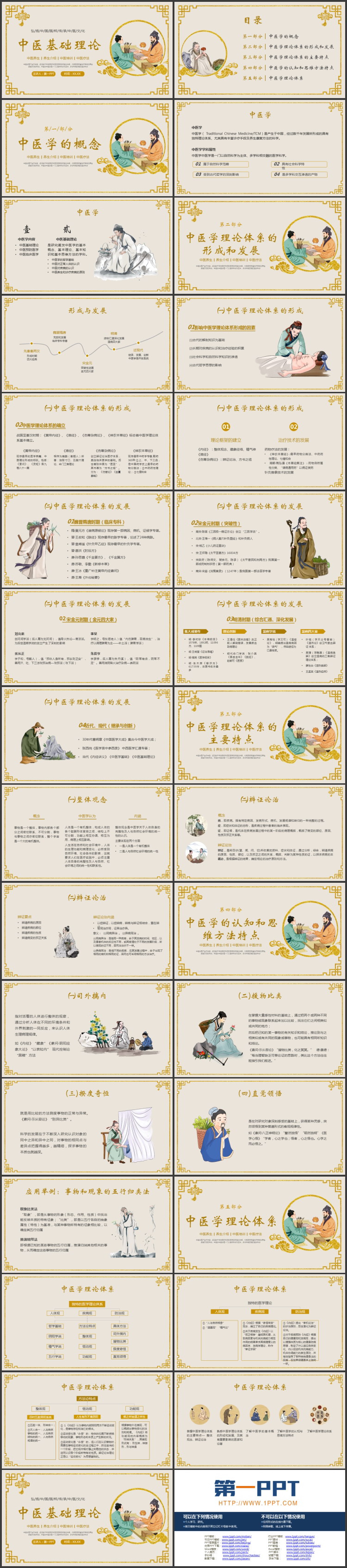 古典鎏金风中医背景的中医基础理论介绍PPT模板