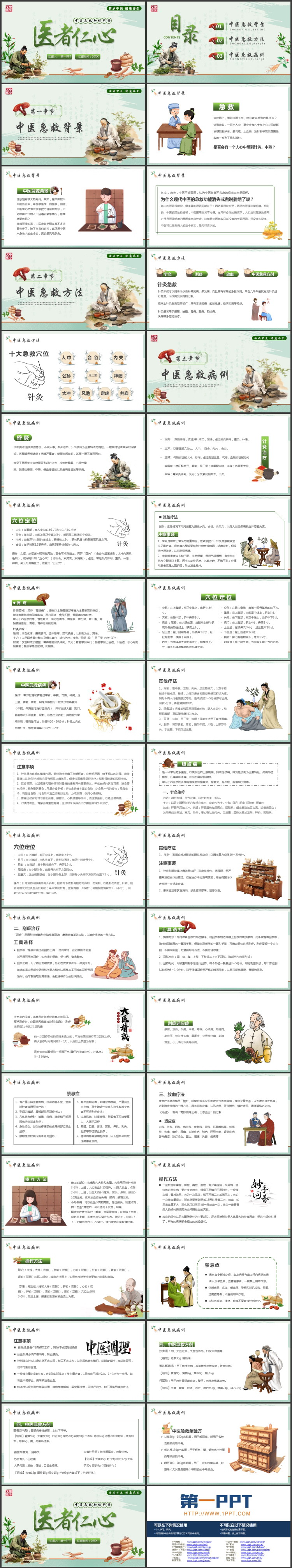 绿色中医中药背景的“医者仁心”中医急救知识科普PPT模板