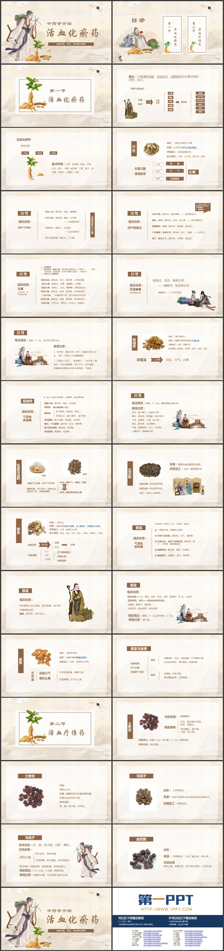 棕色古典中国风背景的活血化瘀药中药学介绍PPT模板