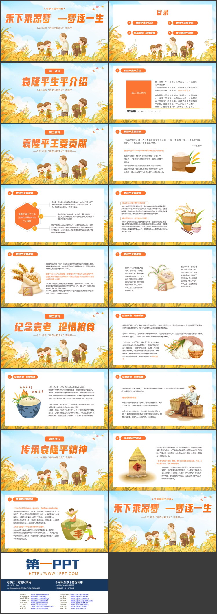 精美插画风“禾下乘凉梦一梦逐一生”袁隆平人物介绍PPT下载