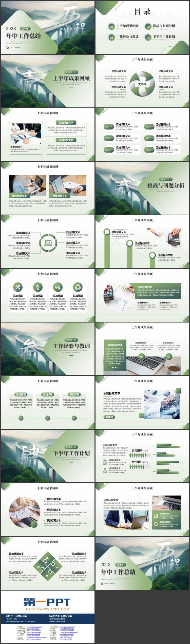 绿色群山桥梁背景的励志风年中工作总结PPT模板下载