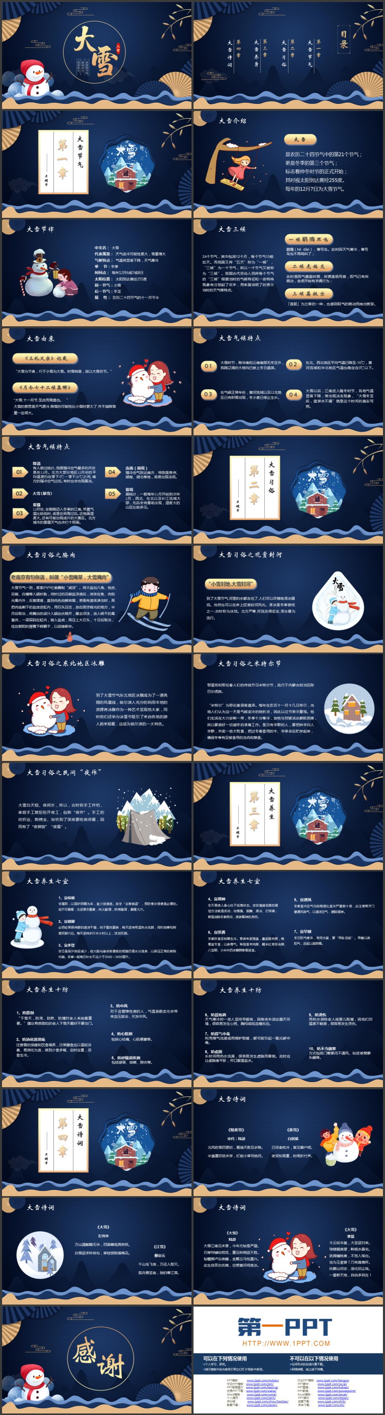 蓝色卡通雪人背景的大雪节气介绍PPT模板
