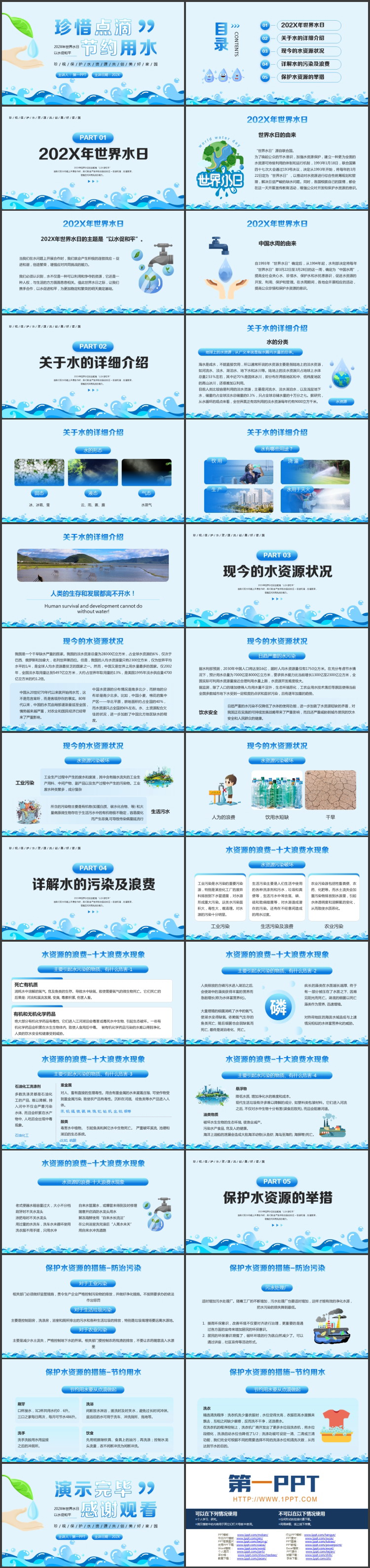 蓝色卡通风格的“珍惜点滴节约用水”世界水日宣传介绍PPT模板下载