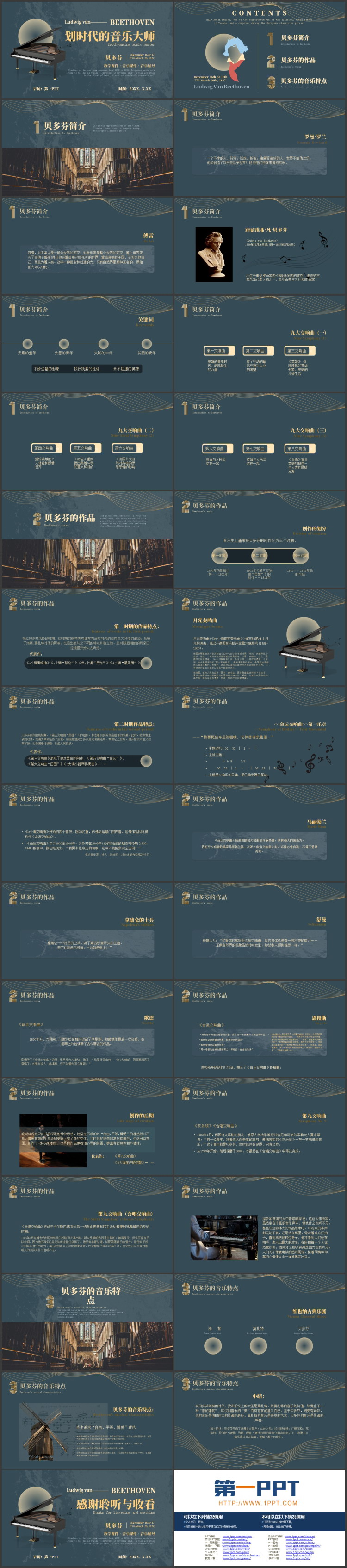 蓝色钢琴背景的划时代的音乐大师贝多芬人物介绍PPT下载