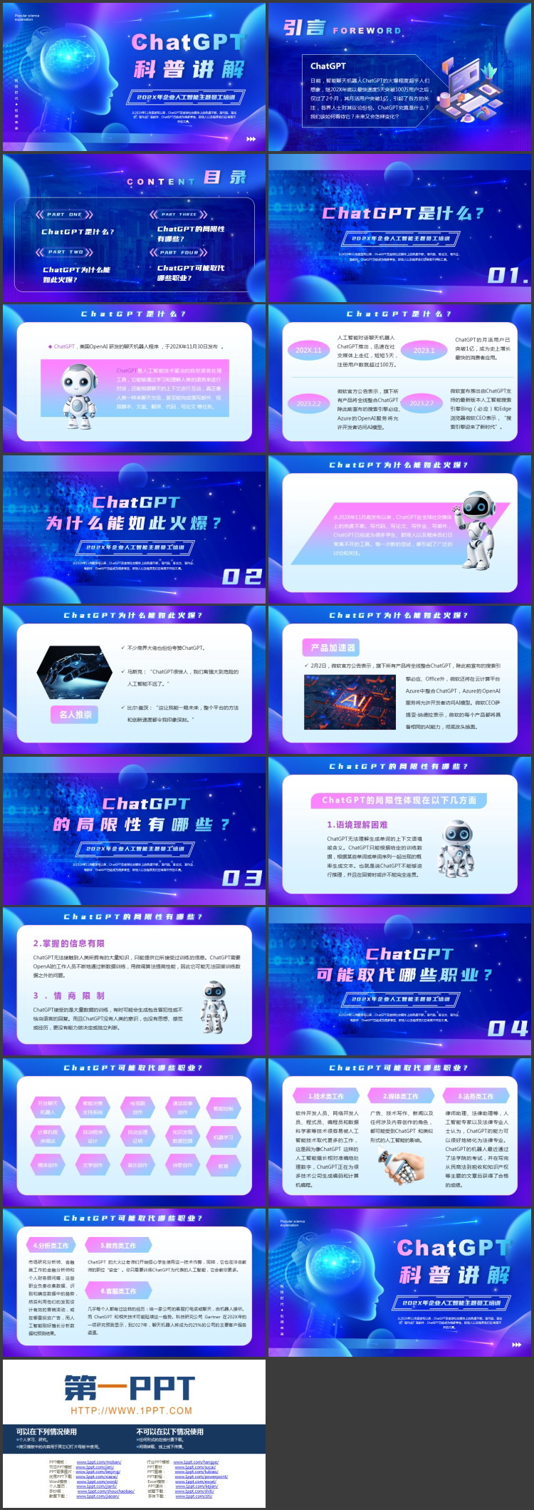 蓝紫配色科技风ChatGPT科普讲解企业人工智能主题员工培训PPT模板