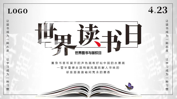 翻开的书籍背景的世界读书日PPT模板