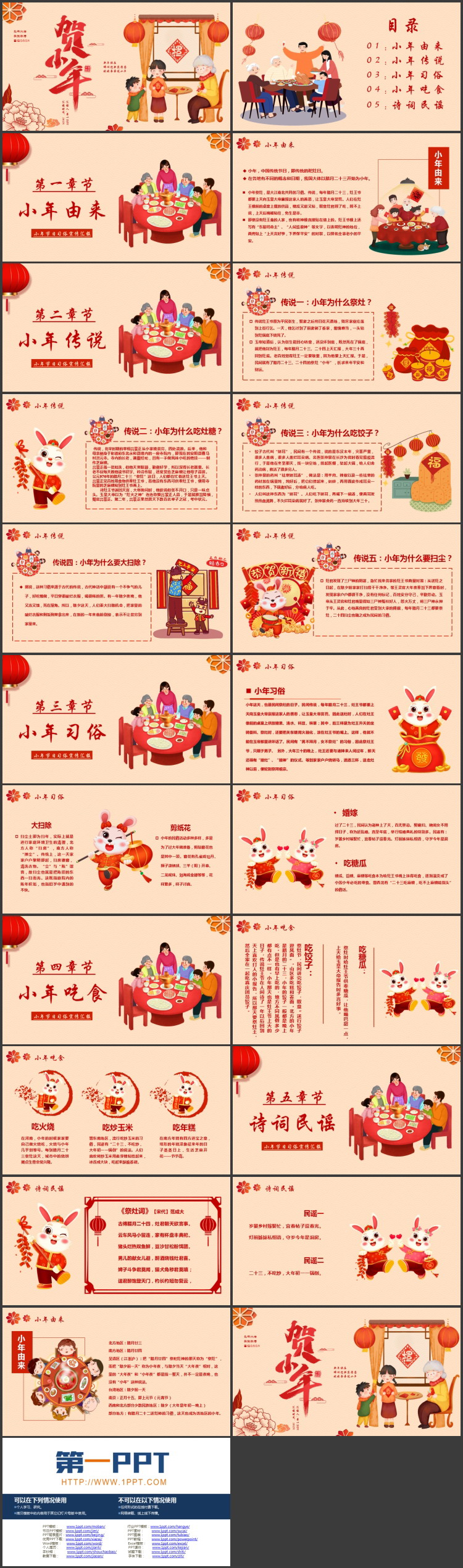 红色温馨卡通风格的“贺小年”中国传统节日小年介绍PPT模板