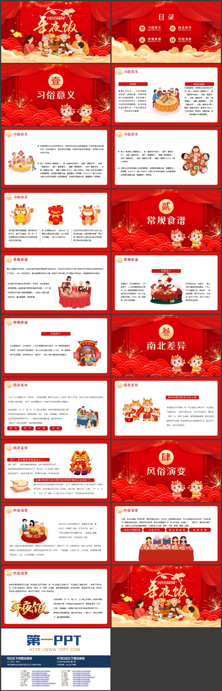 红色卡通一家人背景的“团团圆圆年夜饭”春节习俗介绍PPT模板