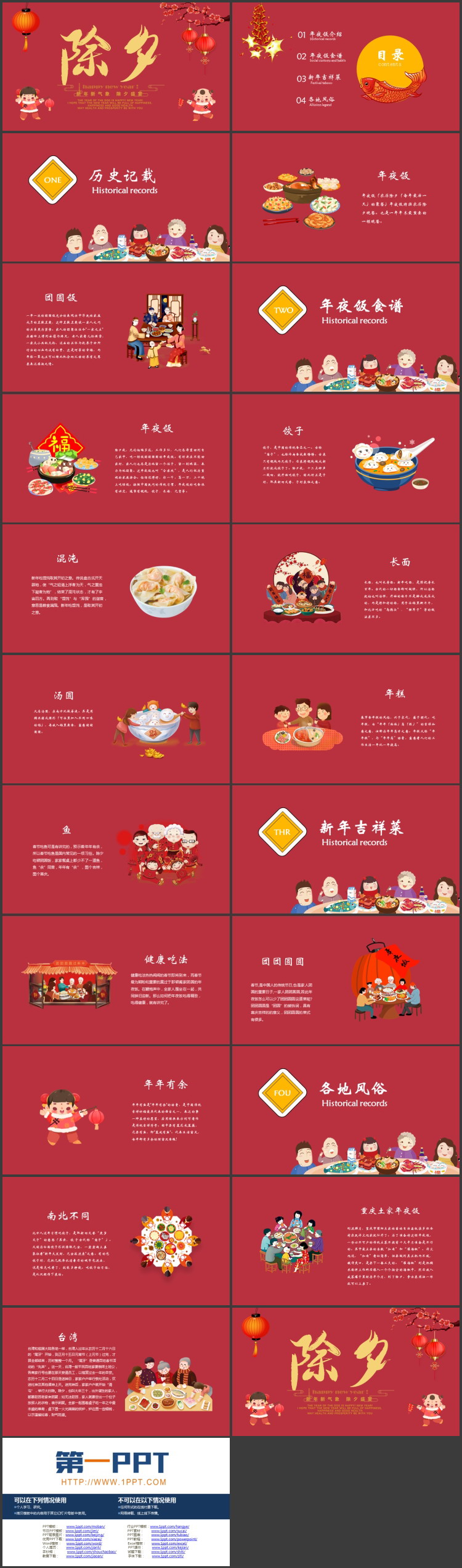 红色喜庆中国风背景的除夕年夜饭习俗介绍PPT模板