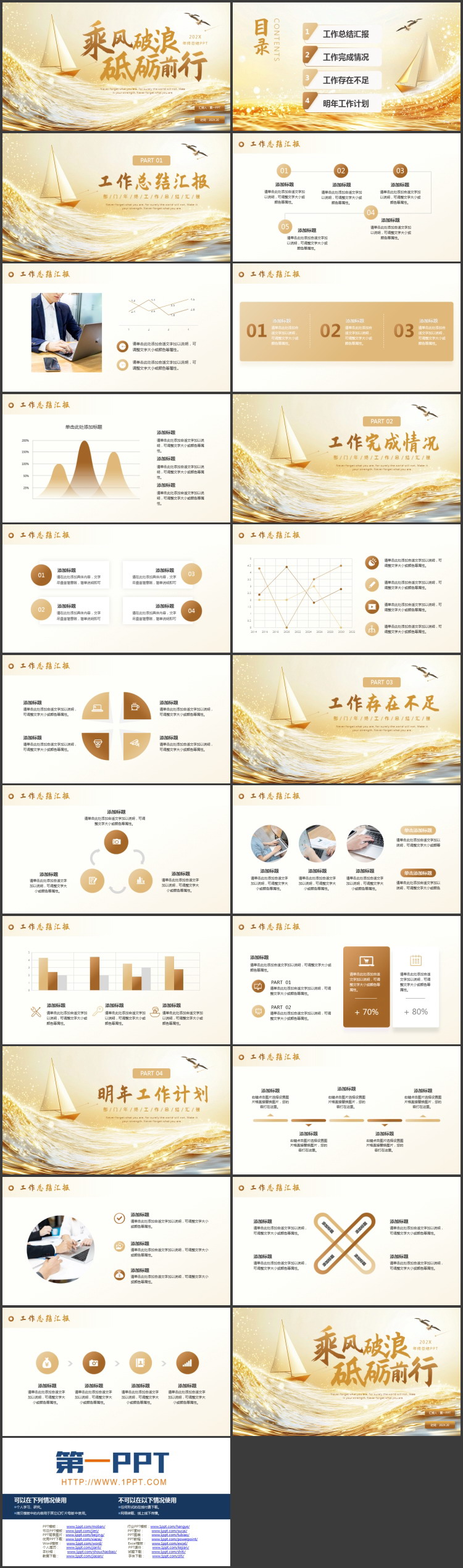 金色海浪帆船背景的“乘风破浪砥砺前行”年终总结PPT模板下载