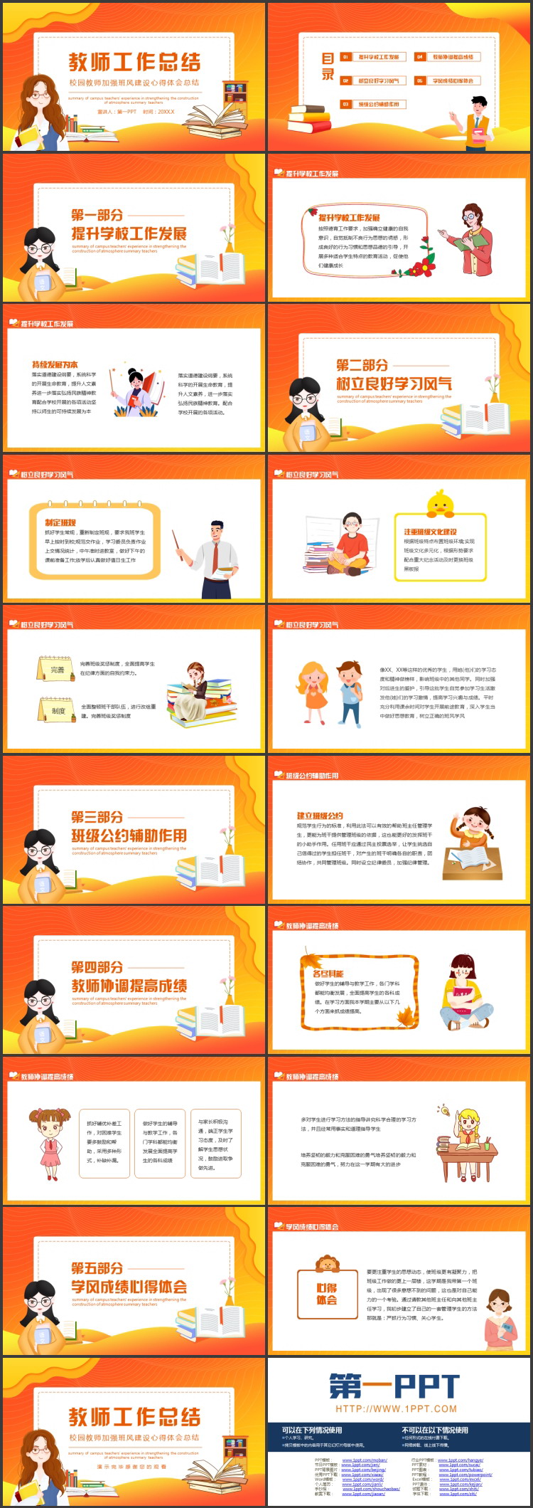 橙色卡通老师背景的教师工作总结PPT模板下载