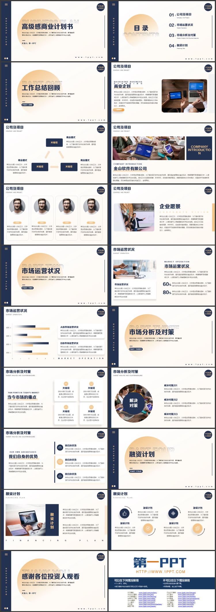 蓝金圆点背景的高级感商业计划书PPT模板下载