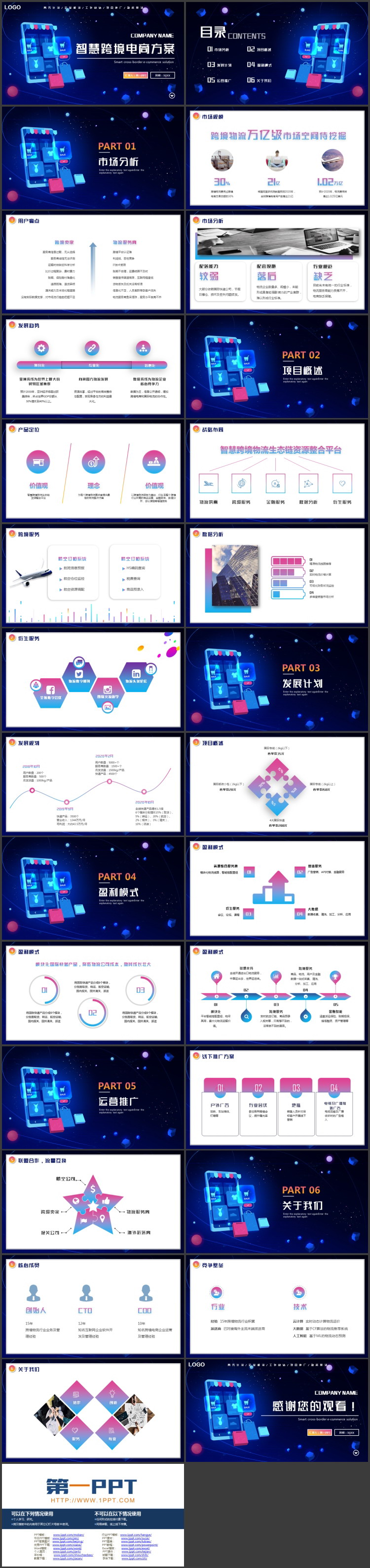蓝色立体矢量手机背景的智慧跨境电商方案PPT模板下载