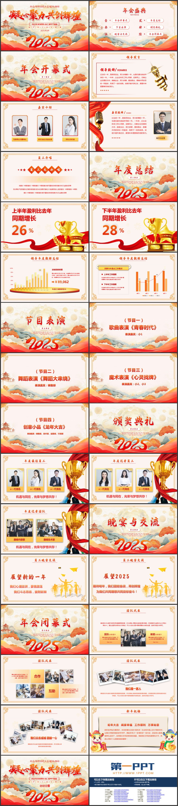 红色国潮风“凝心聚力共创辉煌”企业年会PPT模板