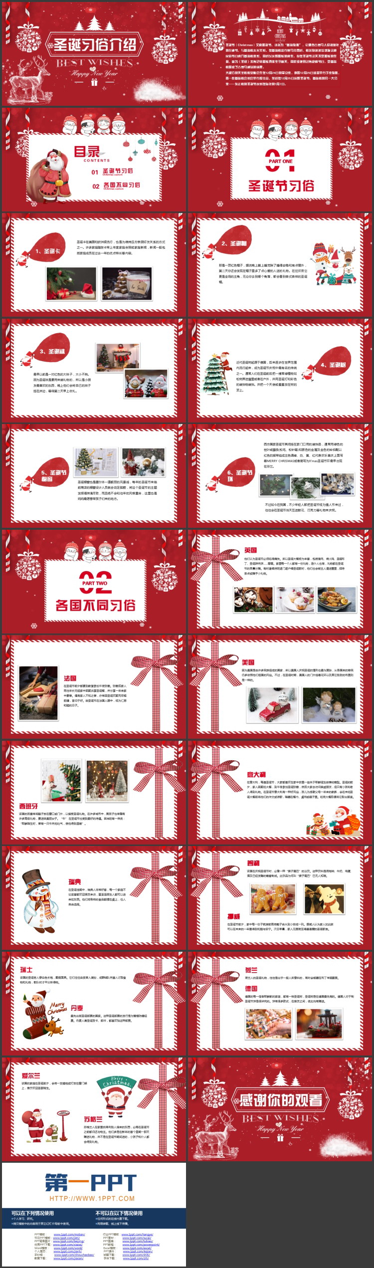 红色小鹿背景的圣诞习俗介绍PPT模板