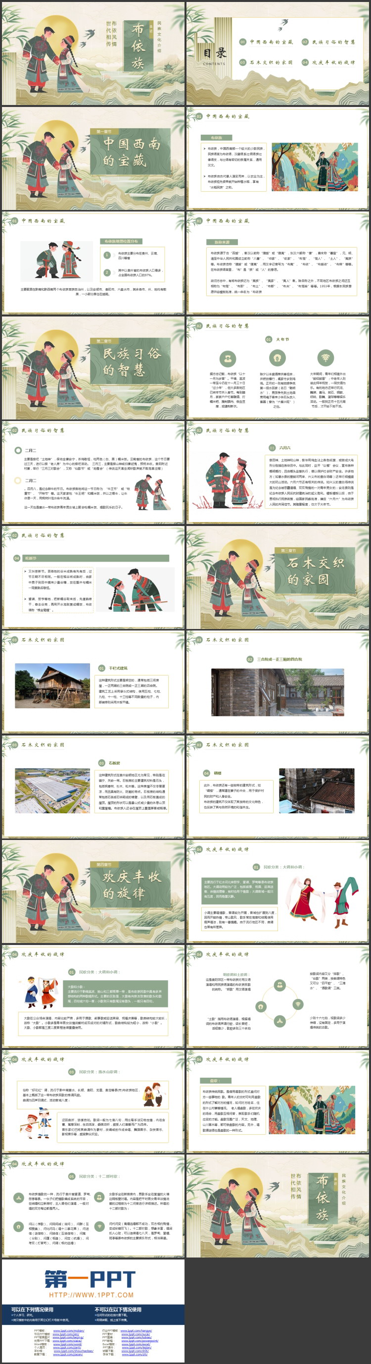 绿色卡通少数民族人物背景的布依族民族文化介绍PPT模板
