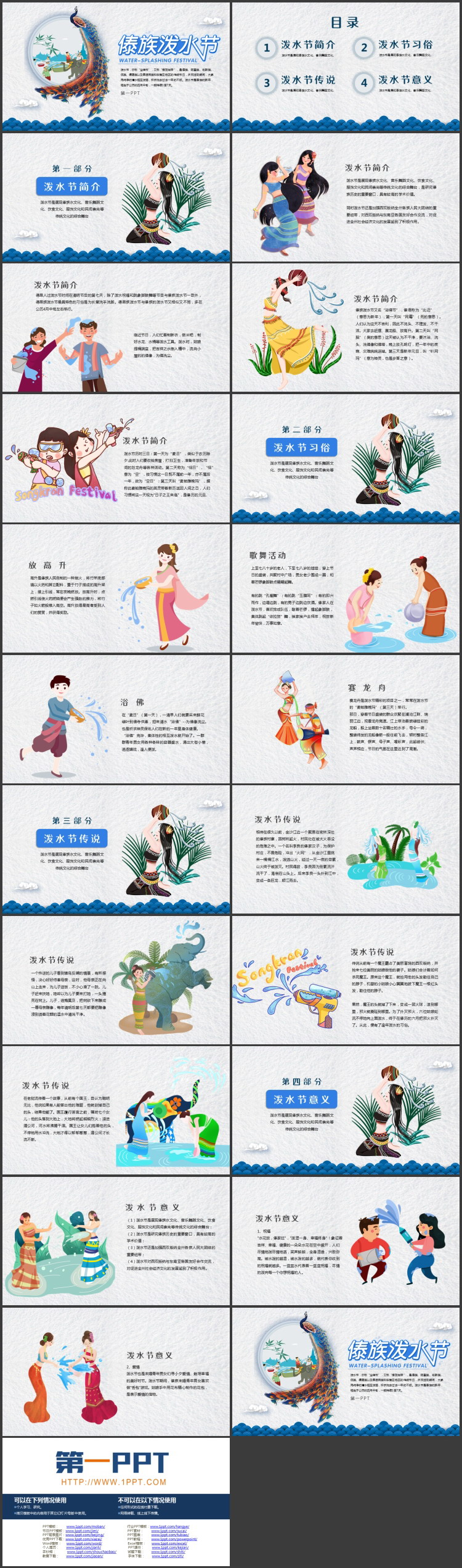 蓝色孔雀背景的傣族泼水节PPT模板