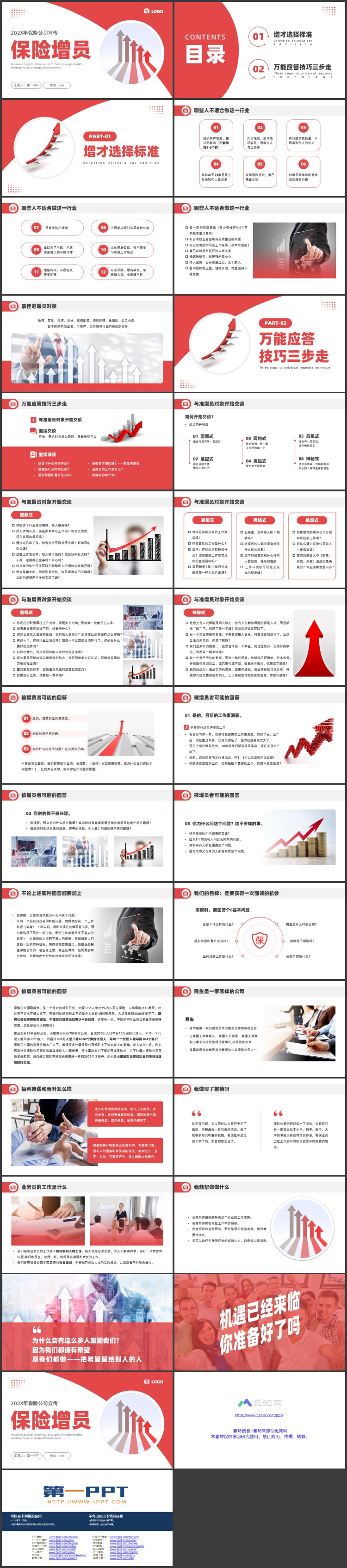 红色向上箭头背景的保险公司增员宣传PPT模板