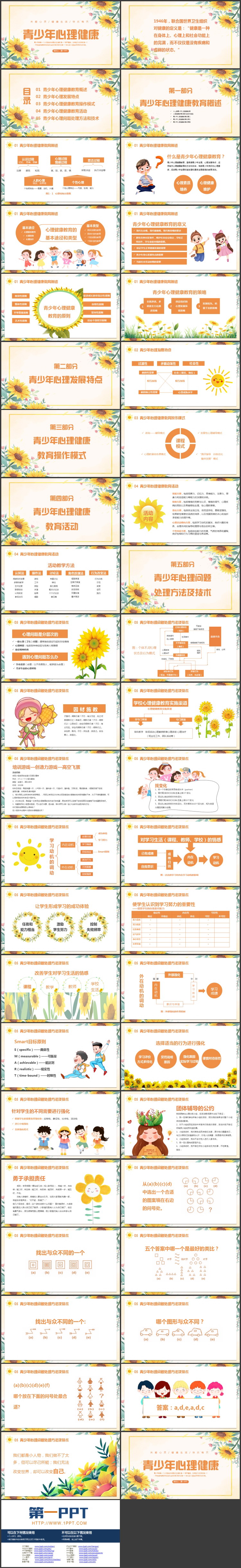 橙色卡通向日葵背景的青少年心理健康教育PPT模板下载