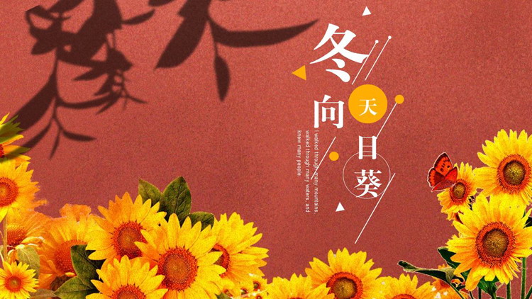 红色向日葵背景的冬天向日葵主题通用PPT模板
