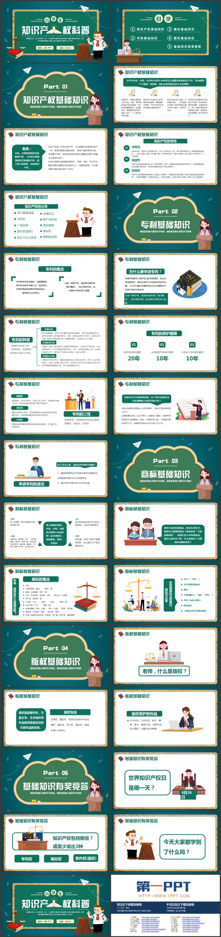 青绿卡通黑板背景的知识产权科普教育PPT模板