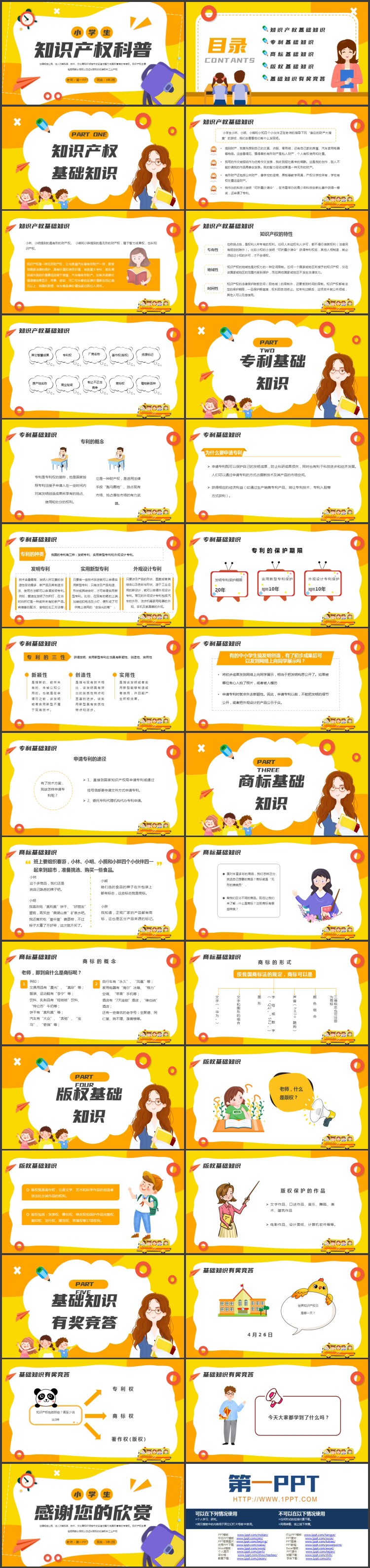 橙色卡通风格的小学生知识产权科普PPT模板
