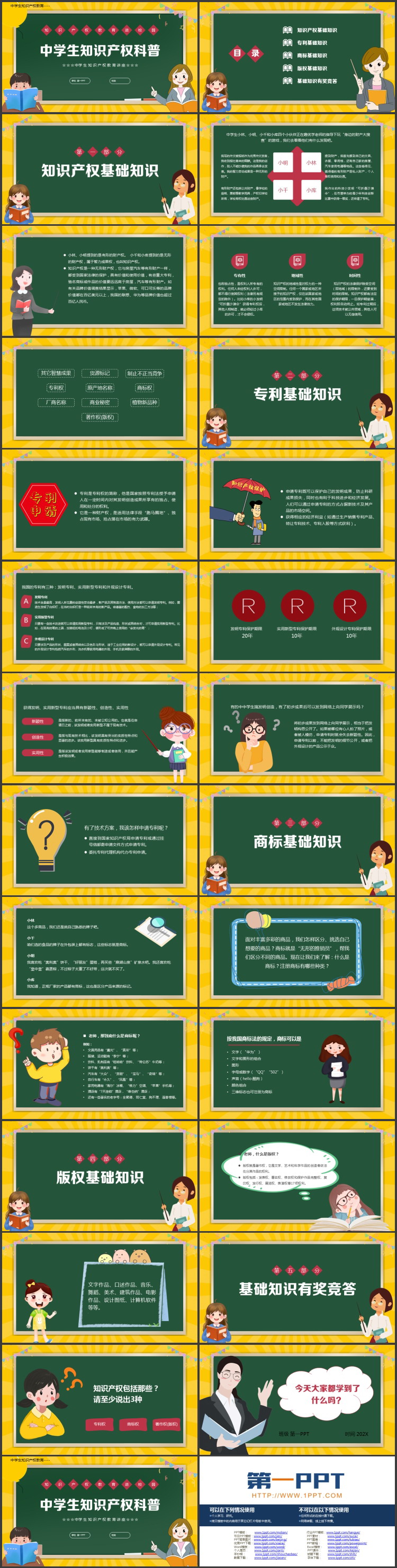 黄绿卡通黑板背景的中学生知识产权科普PPT模板
