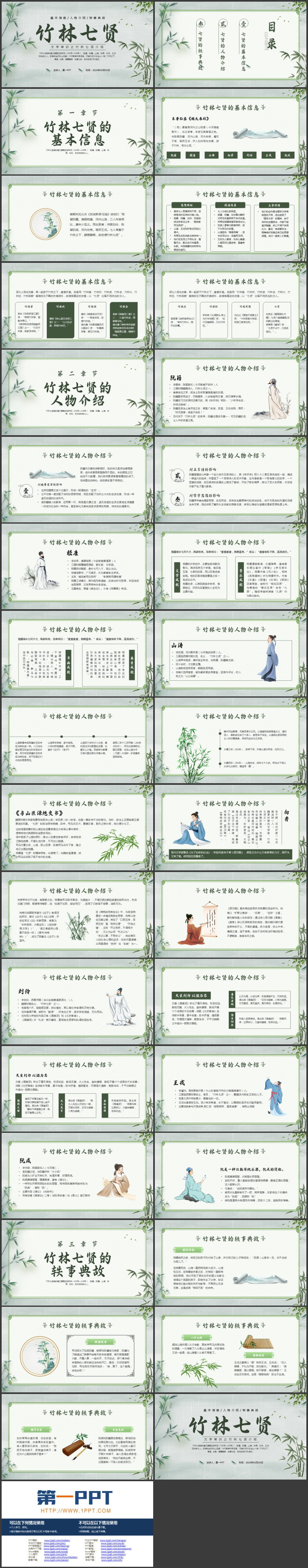 绿色竹子背景的竹林七贤人物介绍PPT下载