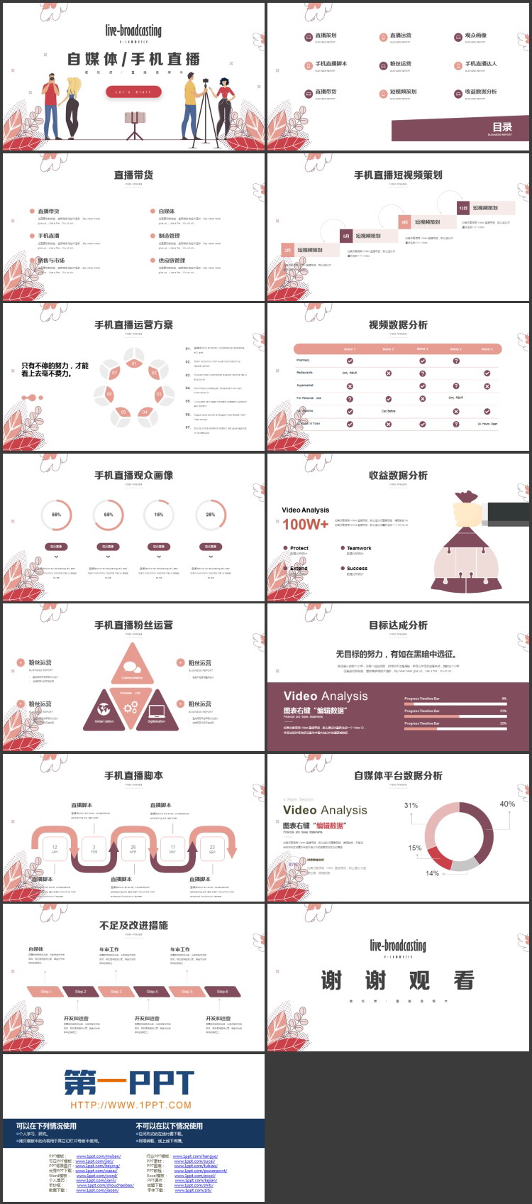 红色矢量主播剪切画背景自媒体手机直播行业主题PPT模板