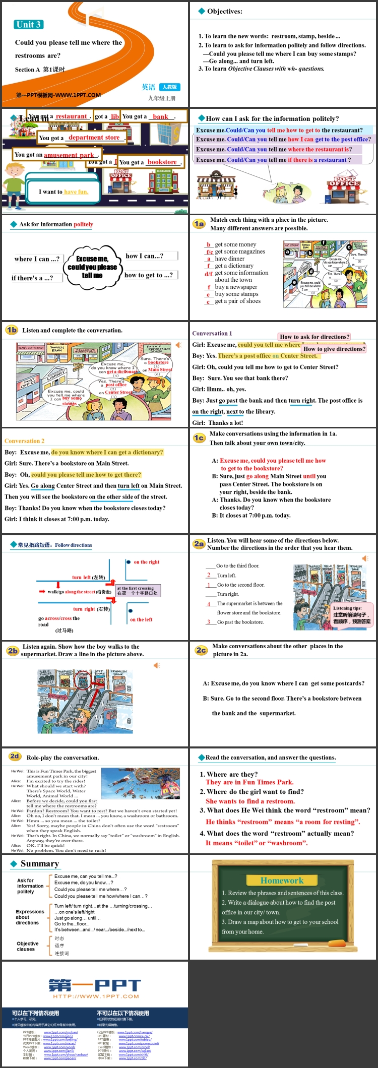 《Could you please tell me where the restrooms are?》SectionA PPT教学课件(第1课时)
