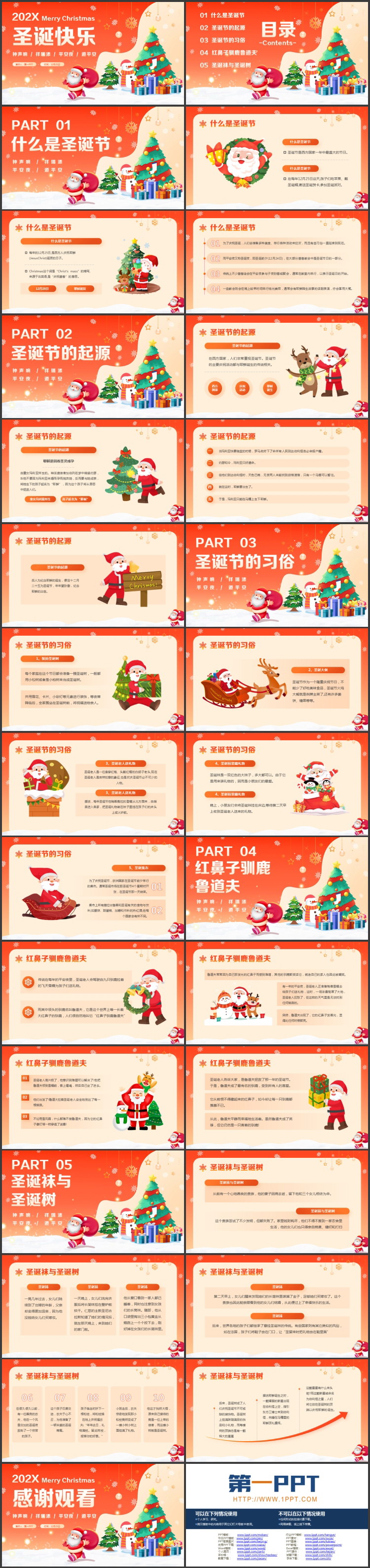 红色卡通圣诞树背景的“圣诞快乐”圣诞节主题PPT模板
