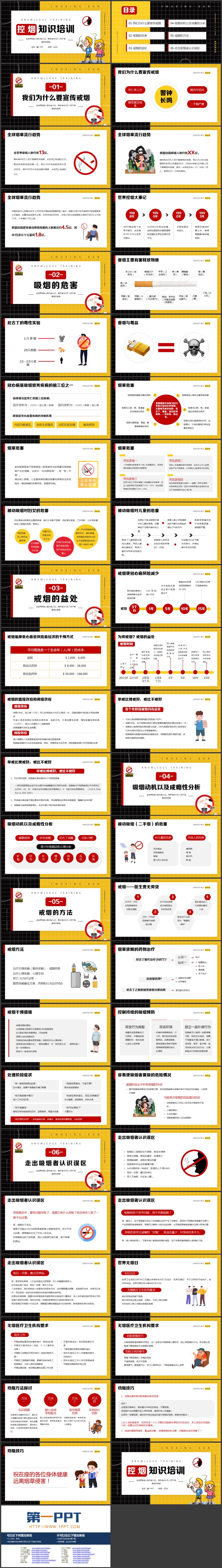 黄黑撞色卡通风格的控烟知识培训PPT模板下载