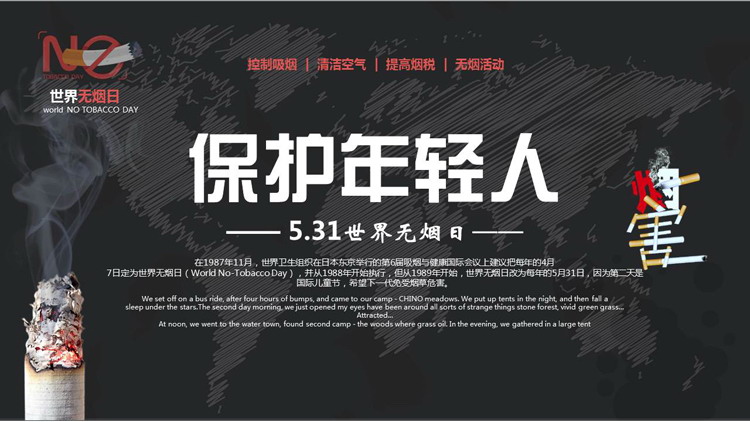黑色世界地图背景的“保护年轻人”5.31世界无烟日PPT模板下载