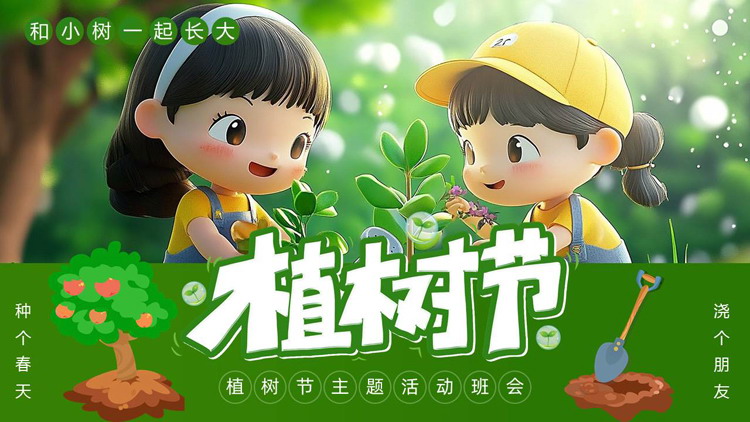绿色立体卡通小朋友背景的植树节主题活动班会PPT模板