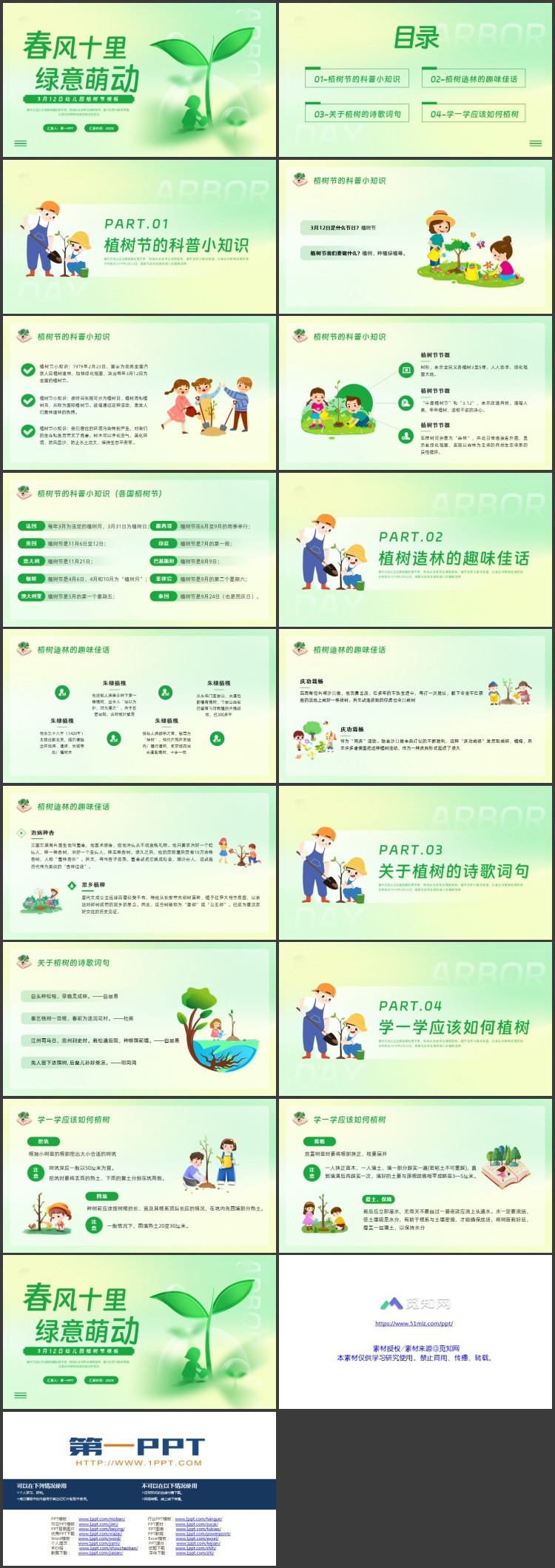 绿色弥散风“春风十里绿意萌动”幼儿园植树节主题班会PPT模板