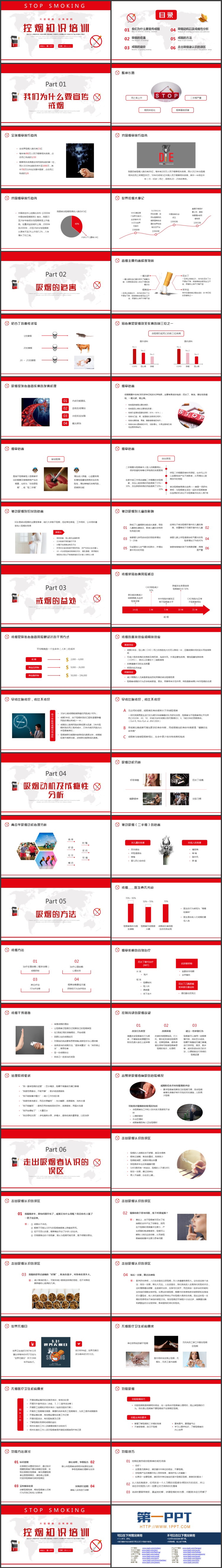 红色禁烟标识背景的控烟知识培训PPT模板下载