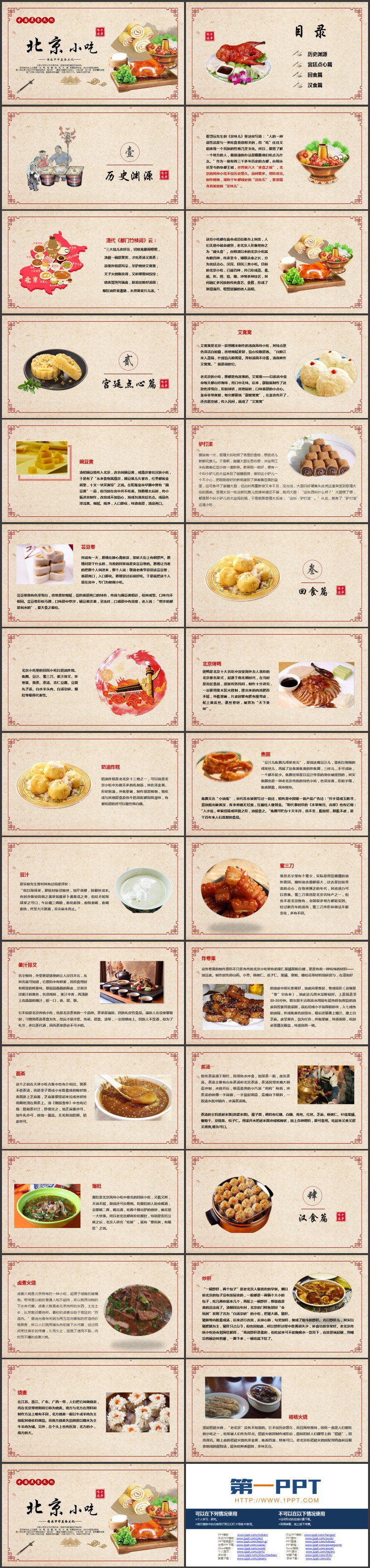 典中国风背景的“北京小吃”中国美食文化介绍PPT模板