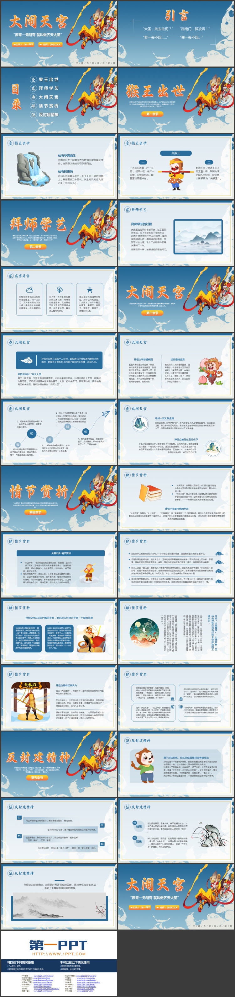蓝色卡通孙悟空背景的《大闹天宫》中国民间传说故事赏析PPT下载