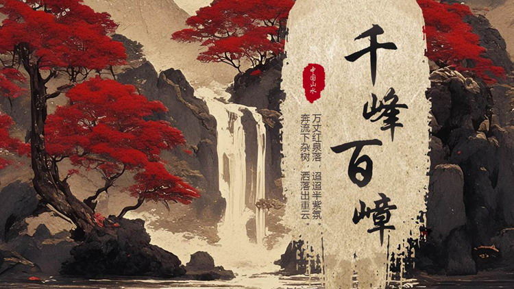 水墨山水背景的“千峰百嶂”中国风通用PPT模板