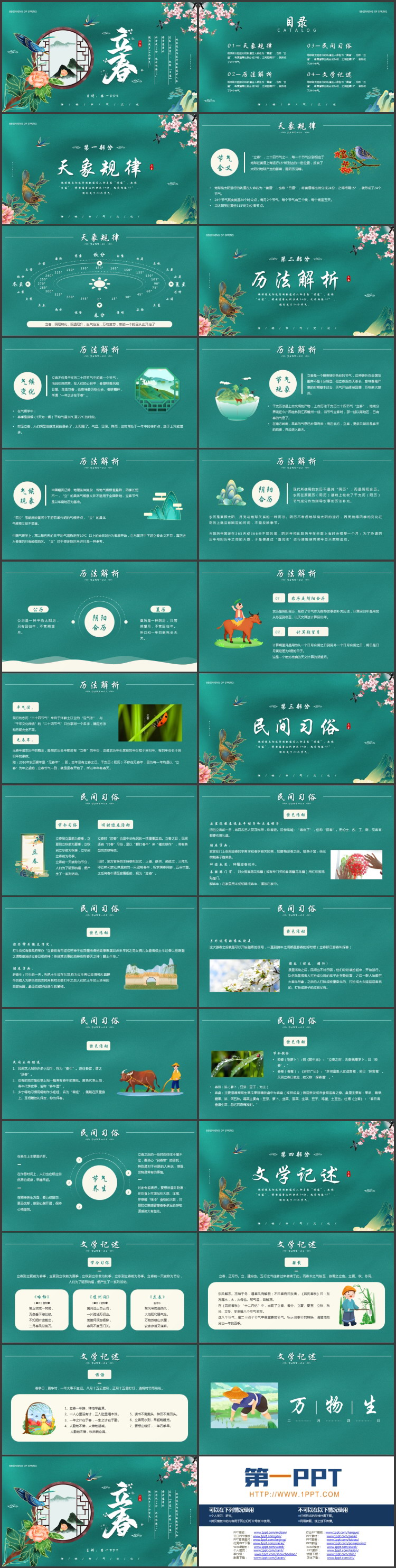 绿色国潮花鸟背景的立春节气介绍PPT模板