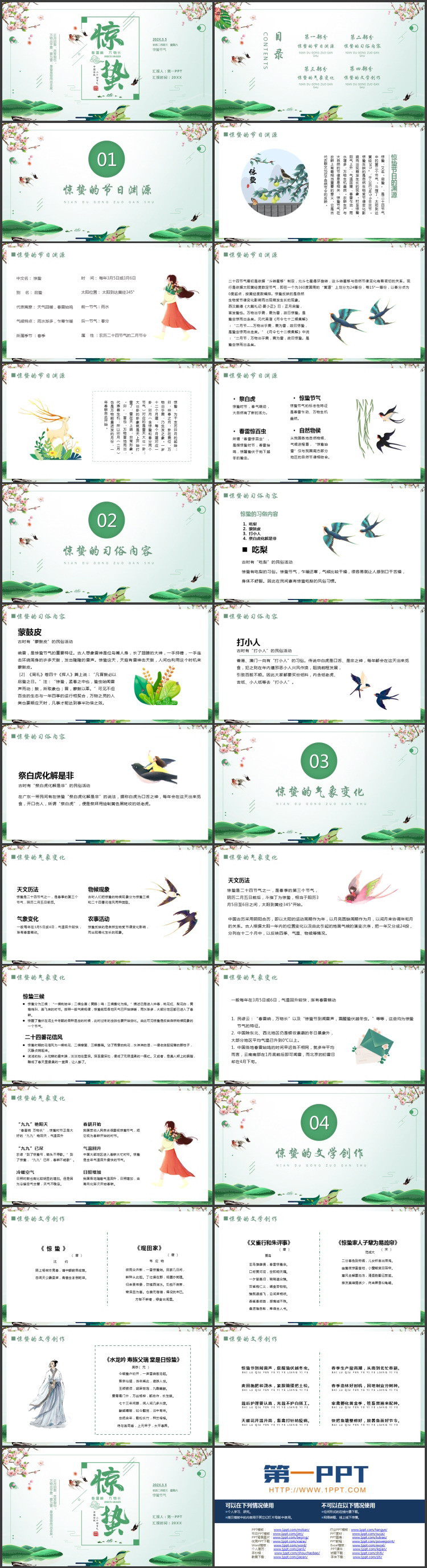 绿色清新水彩中国风惊蛰节气介绍PPT模板