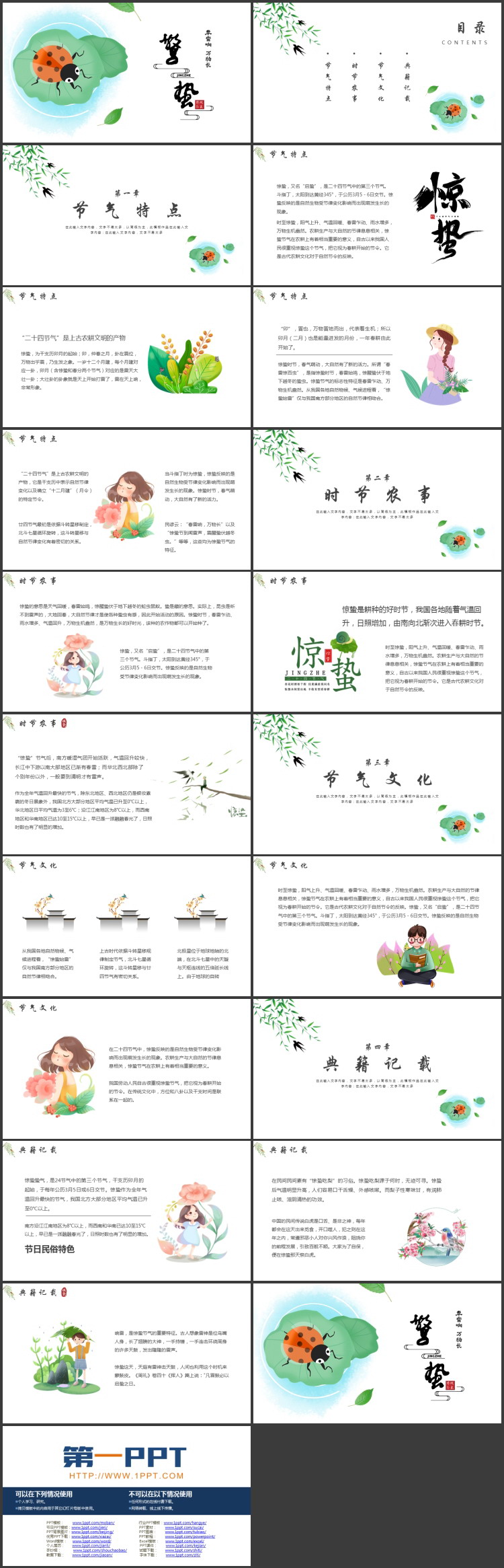 绿色卡通七星瓢虫背景的惊蛰节气介绍PPT模板