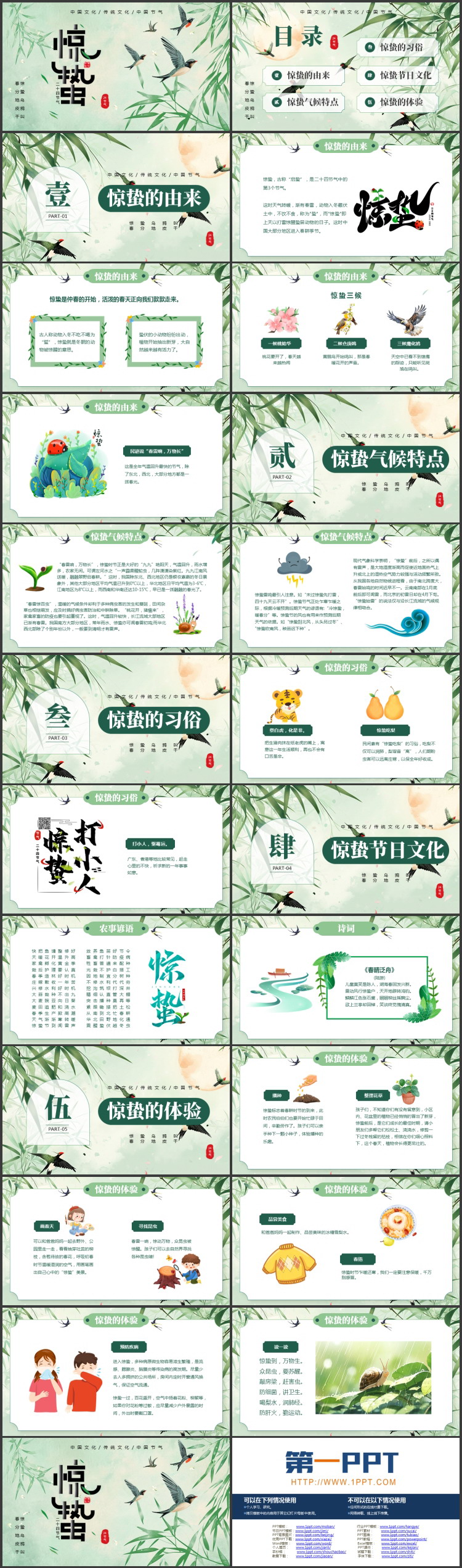 绿色清新柳叶小燕子背景的惊蛰节气介绍PPT模板