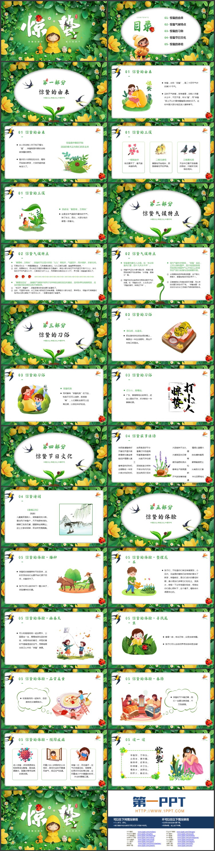 绿色清新卡通花草小朋友背景的惊蛰节气介绍PPT模板